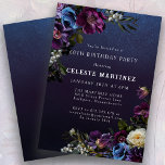 Invitación Moody Purple Flowers Fiesta de cumpleaños número 6<br><div class="desc">Las flores púrpuras profundas con brotes de blanco y azul crean una pálida paleta de invierno. Están enclavadas en follaje verde oscuro y negro. El fondo de la acuarela azul oscuro le da un ambiente gótico y enmarca las flores perfectamente. También hace que el texto blanco aparezca. Esta invitación de...</div>