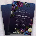 Invitación Moody Purple Flowers Fiesta por los 50 Años<br><div class="desc">Las flores púrpuras profundas con brotes de blanco y azul crean una pálida paleta de invierno. Están enclavadas en follaje verde oscuro y negro. El fondo de la acuarela azul oscuro le da un ambiente gótico y enmarca las flores perfectamente. También hace que el texto blanco aparezca. Esta invitación de...</div>