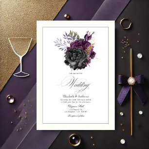 Invitación Moody Purple, Gold y Black Floral Boda