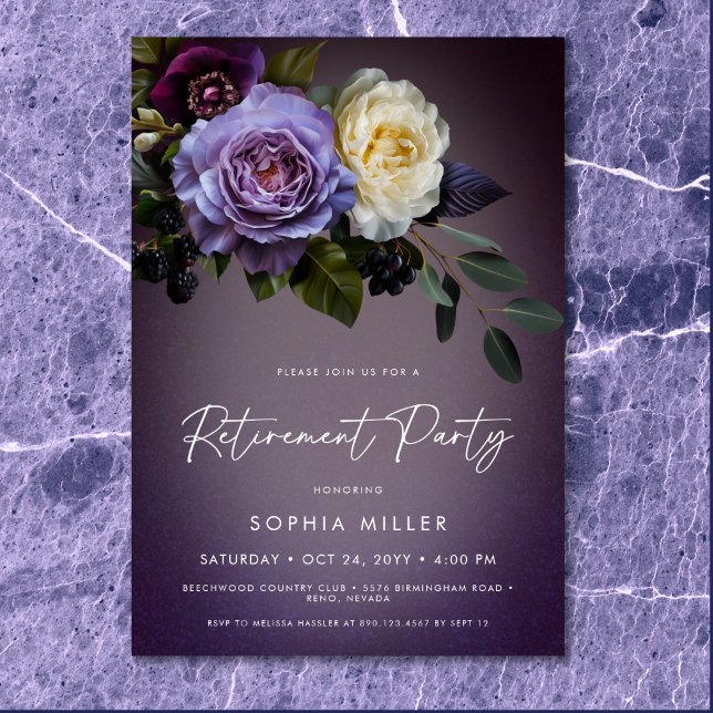 Invitación Moody Purple & Lavender Fiesta de Jubilación Flora (Moody Purple & Lavender Floral Retirement Party Invitation)