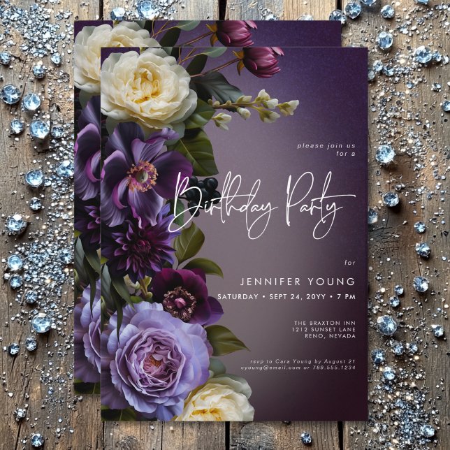 Invitación Moody Purple & Lavender Floral Moderno Cumpleaños (Moody Purple & Lavender Floral Modern Birthday Invitation)