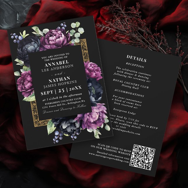 Invitación Moody Purple Negro Elegante Boda Floral Código QR (Subido por el creador)