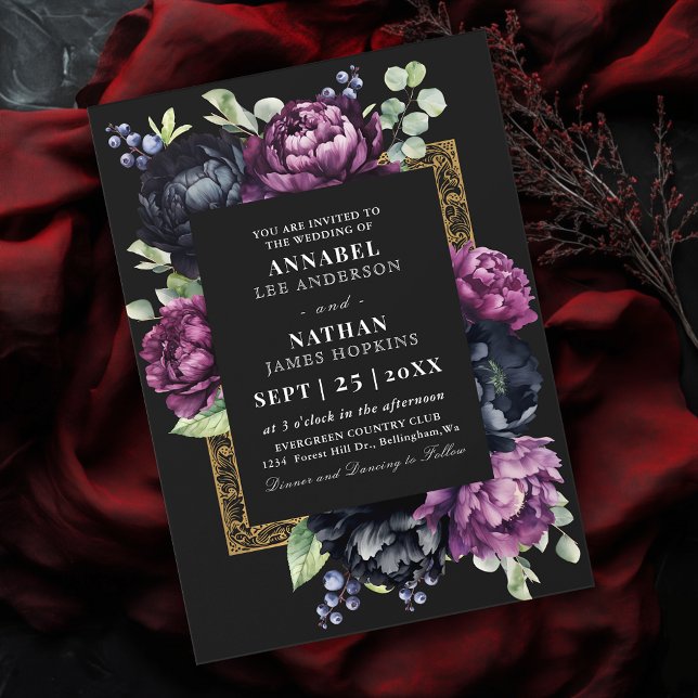 Invitación Moody Purple y Black Elegent Boda Floral (Subido por el creador)