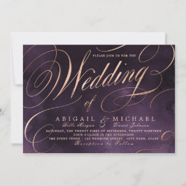 Invitación Moody púrpura rosa dorado caligrafía bodas vintage