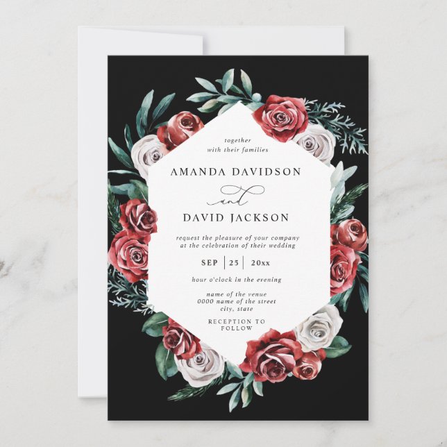 Invitación Moody Red Floral Verde Elegante Boda (Anverso)