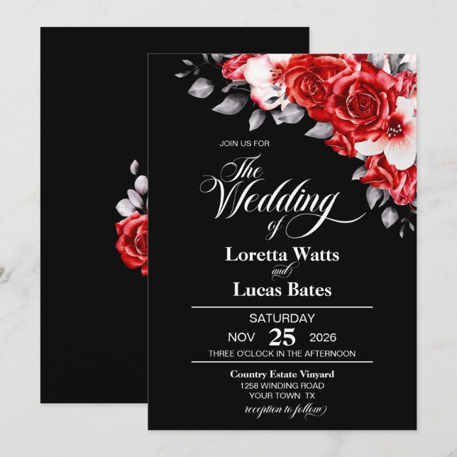 Invitación Moody Red Rose Floral Black Boda (Anverso / Reverso)