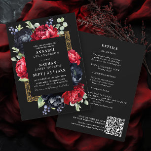 Invitación Moody Red y Negro Elegante Boda Floral Código QR