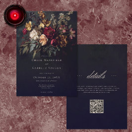 Invitación Moody Romantic Dark Floral Gothic QR Code Wedding