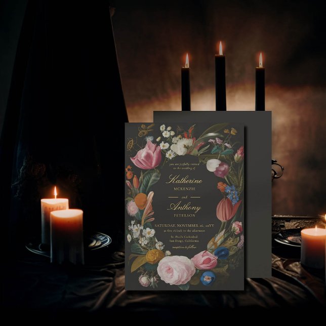 Invitación Moody Romantic Floral Frame Dreamy Boda (moody romantic wedding invitation floral frame painting dutch masters elegant gothic dark black)