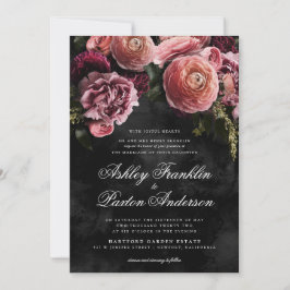 Invitación Moody Romantic Pink Floral Bouquet en negro