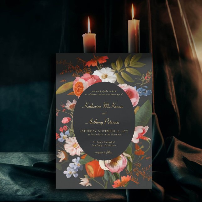 Invitación Moody Romántico Gótico Oscuro Negrita Boda Floral (moody romantic wedding invitation bold pink red floral frame painting dutch masters elegant gothic )