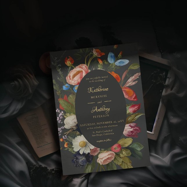 Invitación Moody Romántico Gótico Rojo Floral Oscuro Boda (moody romantic wedding invitation red blue floral frame painting dutch masters elegant gothic dark)