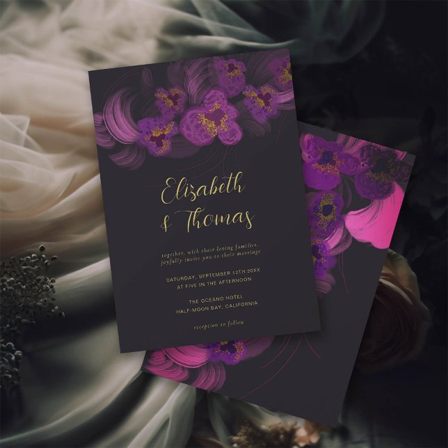 Invitación Moody Romántico Orquídeas Púrpuras Boda Floral Osc (moody romantic wedding invitation dark magenta purple orchids gothic elegant gold formal)