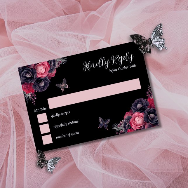 Invitación Moody rosa gótico Rojo y Negro Quinceañera RSVP (Gothic RSVP card for quinceañera in red, pink and black moody florals with butterflies.)