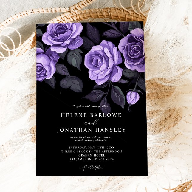 Invitación Moody Rosas morados Boda gótico oscuro floral (Moody Purple Roses Floral Dark Gothic Wedding Invitation)