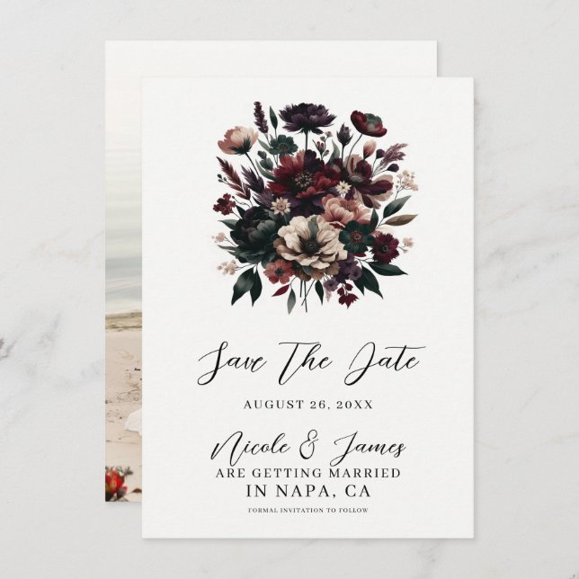 Invitación Moody Rustic Garden Florals Bohemian Save the Date (Anverso / Reverso)