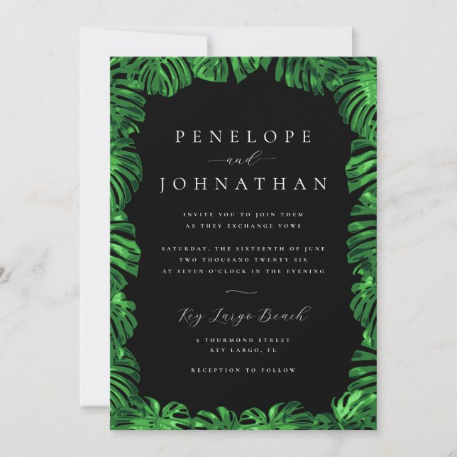 Invitación Moody Tropical Green Monstera Island Boda (Anverso)