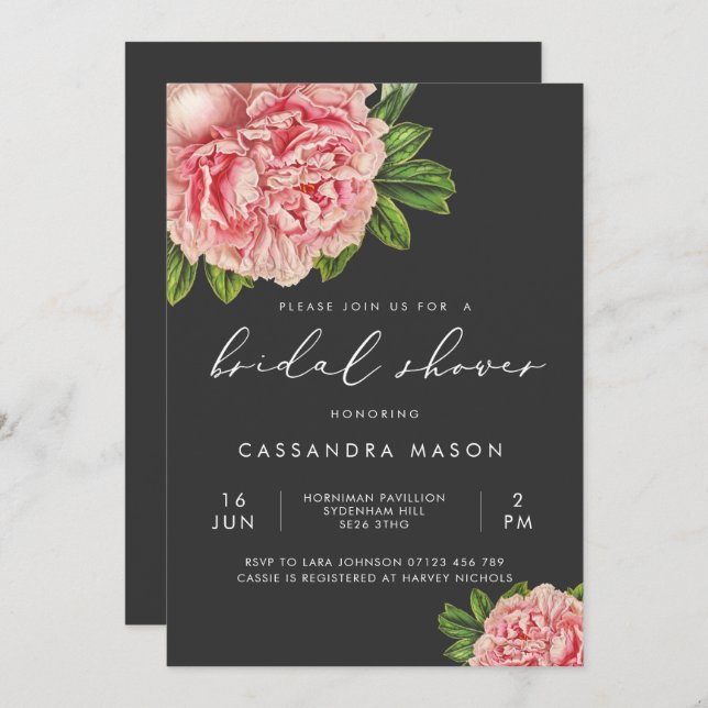 Invitación Moody Vintage Pink Peony Shower (Anverso / Reverso)