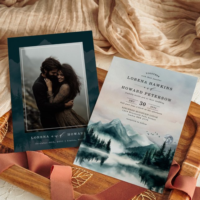 Invitación Moody Watercolor Mountains Pine Forest Boda (Subido por el creador)
