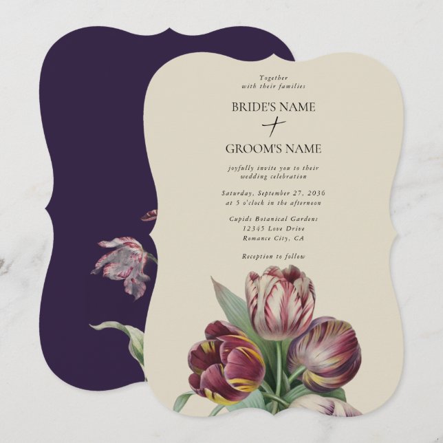 Invitación Moody Watercolor Tulipano Púrpura Boda Clásico (Anverso / Reverso)