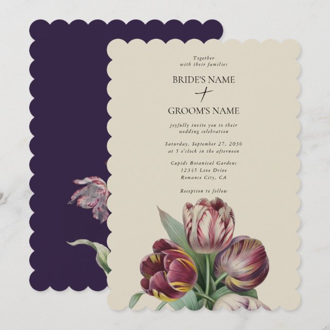 Invitación Moody Watercolor Tulipano Púrpura Boda Tradicional (Anverso / Reverso)