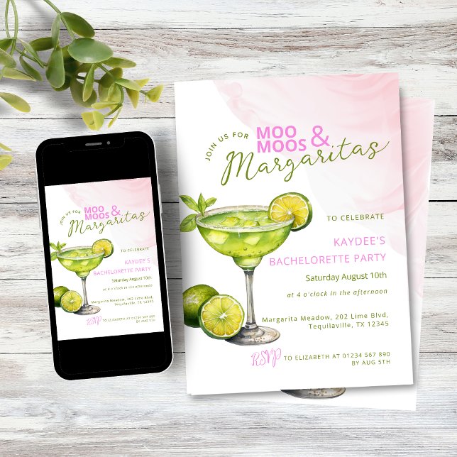 Invitación MooMoos y Margaritas Fiesta de Despedida Rosa (Pink and green MooMoos and Margaritas bachelorette party invitation)