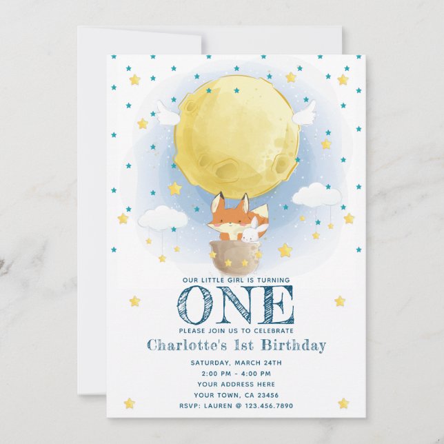 Invitación Moon Air Balloon Stars Purpurina Cumpleaños (Anverso)