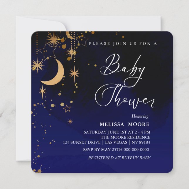 Invitación Moon And Stars Baby Shower Royal Blue Square (Anverso)