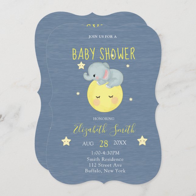 Invitación Moon and Stars Cuke Elephant Blue Baby Shower (Anverso / Reverso)