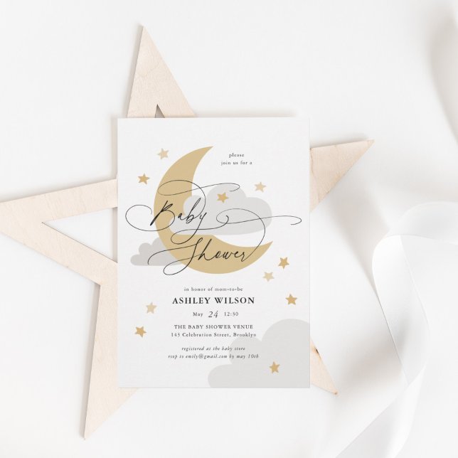 Invitación Moon and Stars Matte Neutrals Script Baby Shower (Subido por el creador)