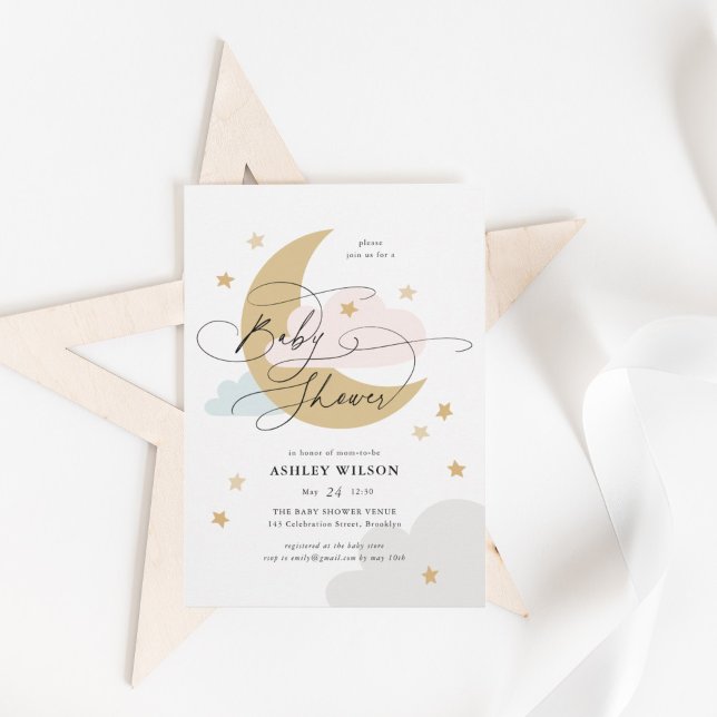Invitación Moon and Stars Matte Pink Blue Script Baby Shower  (Subido por el creador)