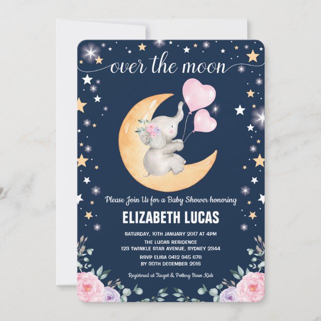 Invitación Moon Baby Shower / Girly Elephant Twinkle Star (Anverso)
