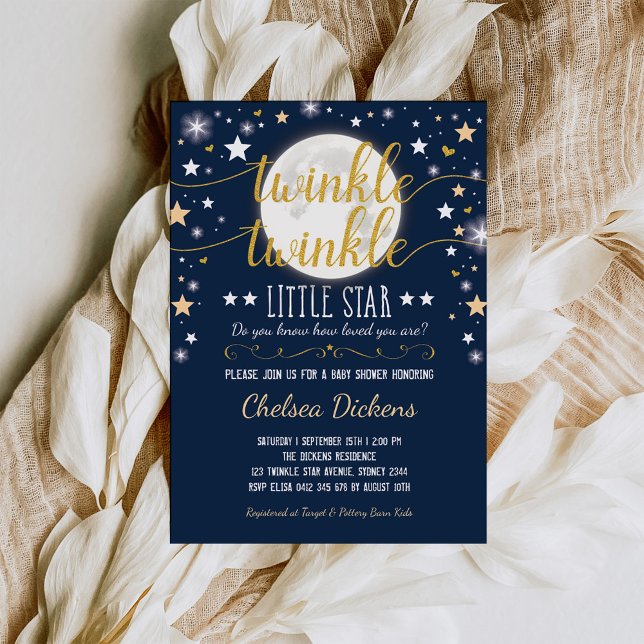 Invitación Moon Baby Shower Twinkle Little Star Navy Gold (Subido por el creador)