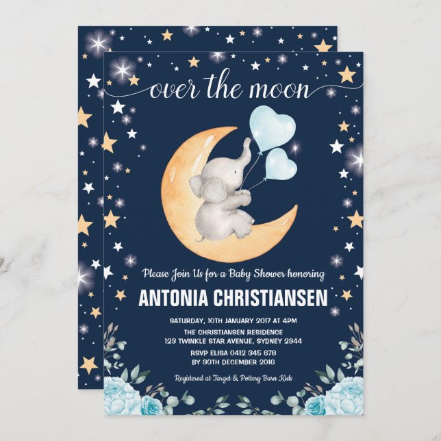 Invitación Moon Baby Shower / Twinkle Star Elephant Baby Boy (Anverso / Reverso)