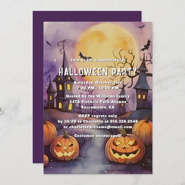 Invitación Moon Bats Jack O’Lanterns Halloween Party (Anverso / Reverso)
