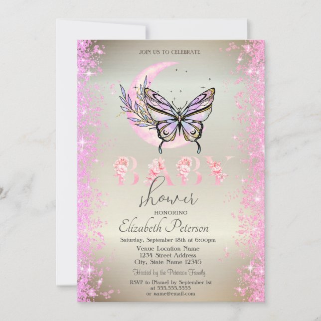 Invitación Moon Butterfly Purpurina Confetti Baby Shower (Anverso)