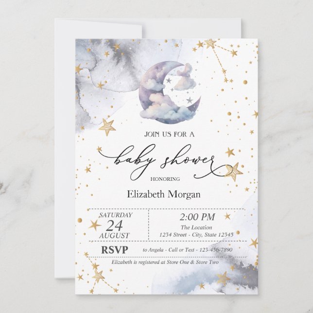 Invitación Moon Clouds Stars Baby Shower (Anverso)