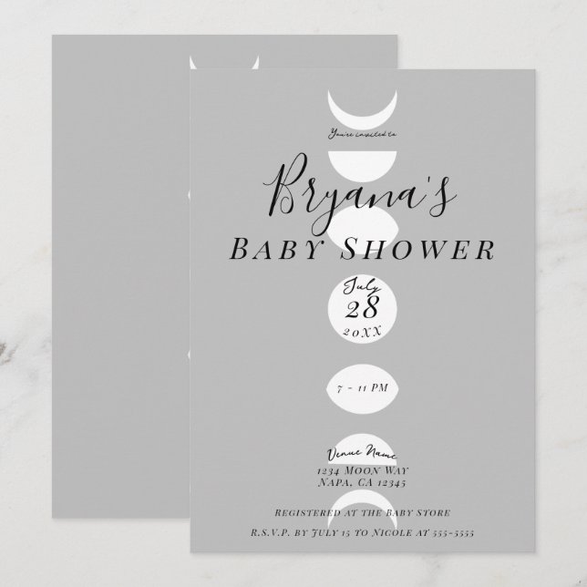 Invitación Moon Phases Ciclos Baby Shower gris y blanco (Anverso / Reverso)