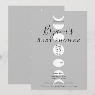 Invitación Moon Phases Ciclos Baby Shower gris y blanco