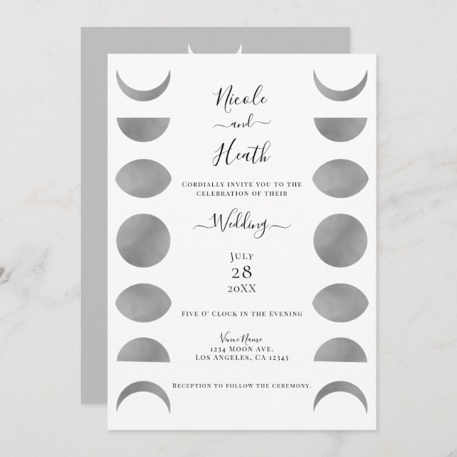 Invitación Moon Phases Ciclos Gris plateado y Boda blanco (Anverso / Reverso)