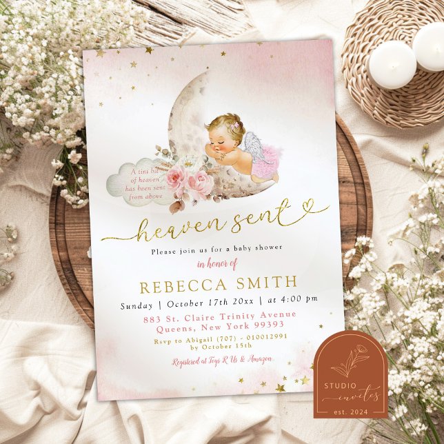 Invitación Moon Pink Boho Blonde Chica Angel Baby Shower (Subido por el creador)