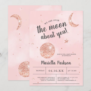 Invitación Moon rosa oro purpurina nubes rosadas bebé ducha