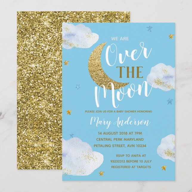 Invitación Moon Sky Blue Powder Blue and Gold Baby Shower (Anverso / Reverso)