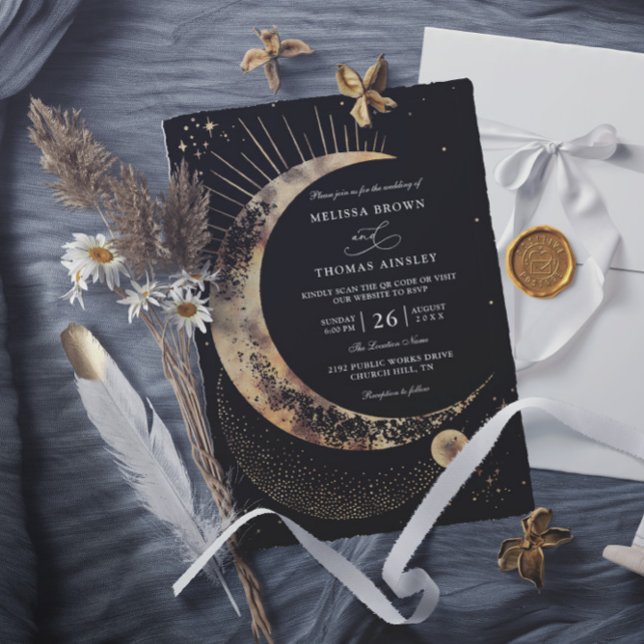 Invitación Moon Starry Night Boho Budget QR Code Wedding (Subido por el creador)