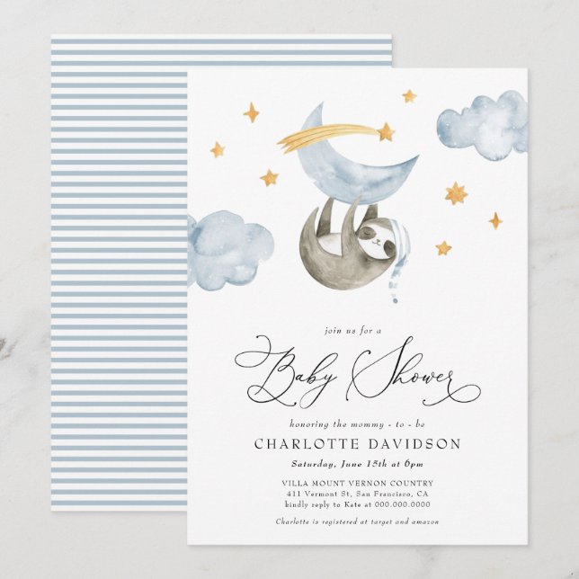 Invitación Moon & Stars Baby Animal Blue Boy Baby Shower (Anverso / Reverso)