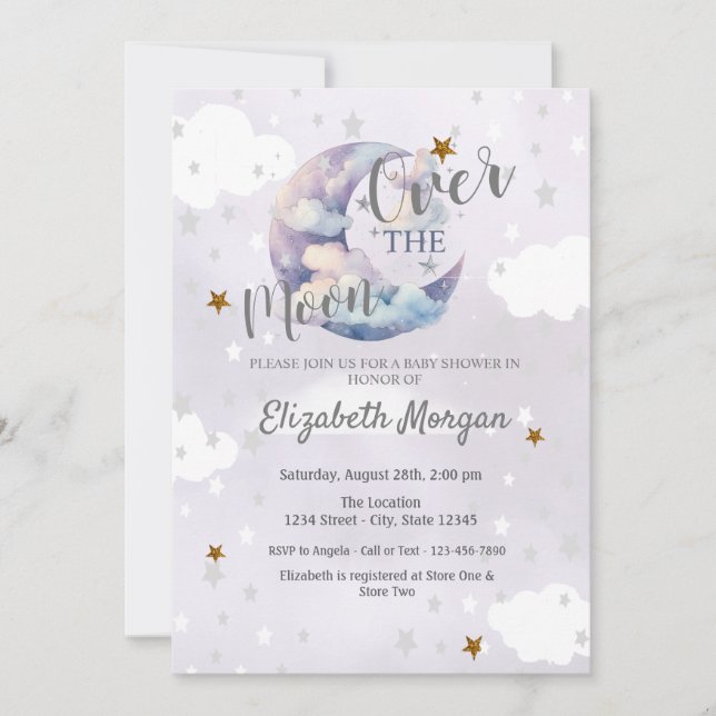 Invitación Moon Stars & Clouds Lavender Baby Shower  (Anverso)