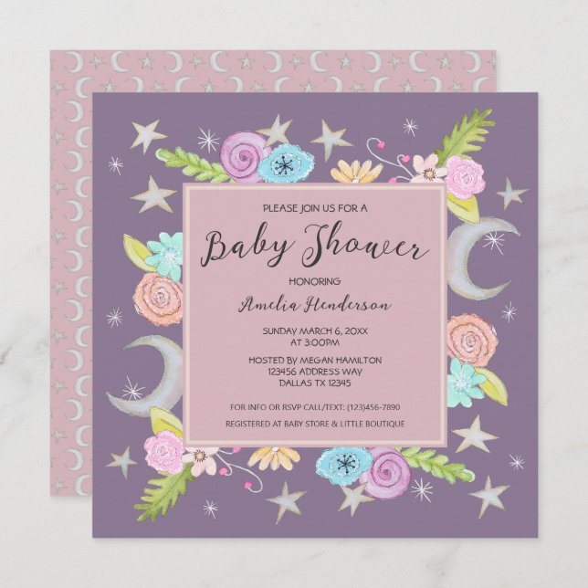 Invitación Moon Stars Floral Whimsical Lavender Baby Shower (Anverso / Reverso)