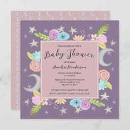 Invitación Moon Stars Floral Whimsical Lavender Baby Shower