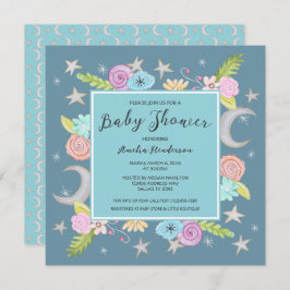 Invitación Moon Stars Floral Whimsical Verde azulada Blue Bab