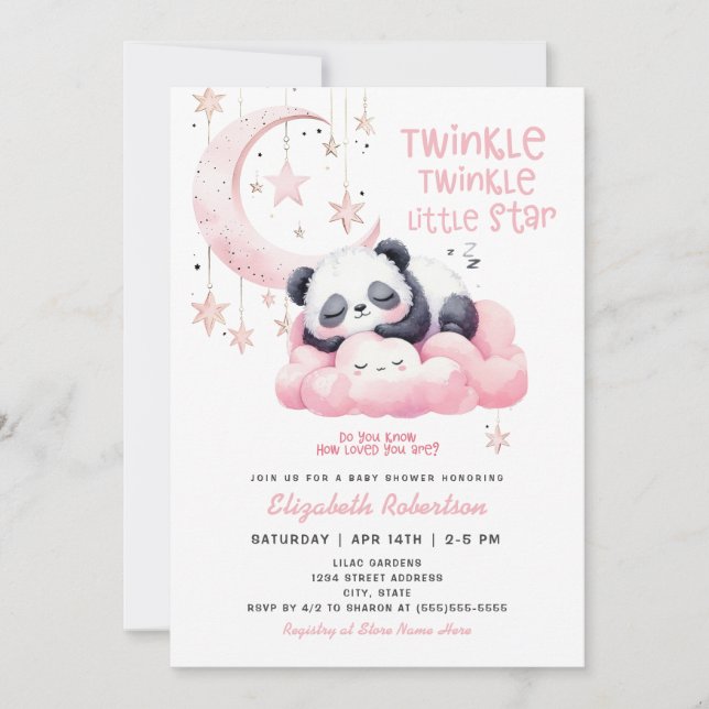 Invitación Moon Stars Pink Panda Bear Chica Baby Shower (Anverso)